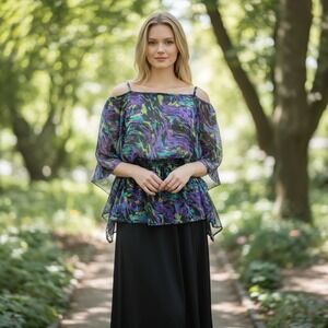 2X Purple Abstract Print Cold Shoulder Butterfly Sleeve Cinched Waist Blouse Top